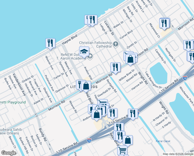 map of restaurants, bars, coffee shops, grocery stores, and more near 10410 Heritage Drive in New Orleans