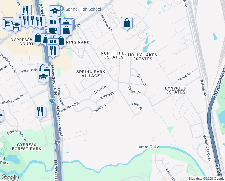 map of restaurants, bars, coffee shops, grocery stores, and more near 19103 Whitewood Drive in Spring