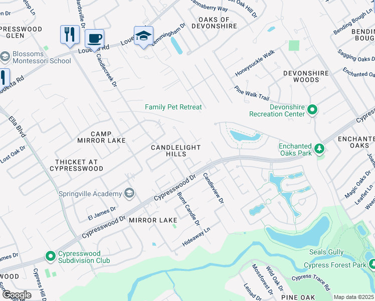 map of restaurants, bars, coffee shops, grocery stores, and more near 19002 Candleview Drive in Spring