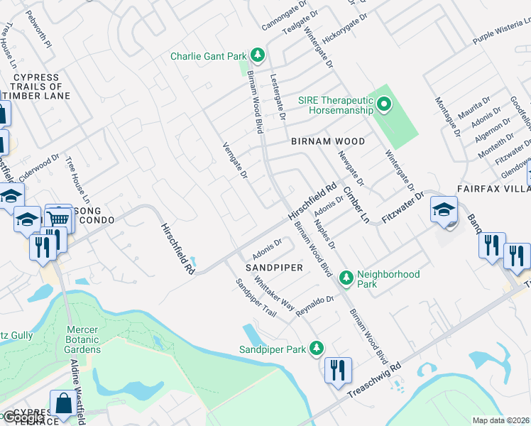 map of restaurants, bars, coffee shops, grocery stores, and more near 4207 Tylergate Drive in Spring