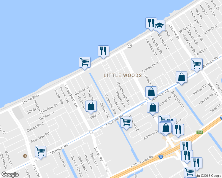 map of restaurants, bars, coffee shops, grocery stores, and more near 7601 Shaw Avenue in New Orleans