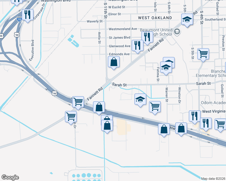 map of restaurants, bars, coffee shops, grocery stores, and more near 4205 Sarah Street in Beaumont