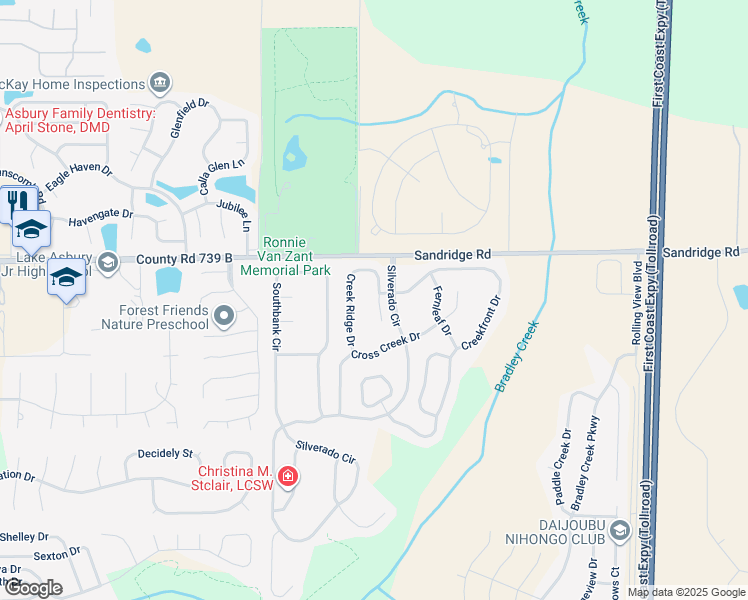 map of restaurants, bars, coffee shops, grocery stores, and more near 2643 Creek Ridge Drive in Green Cove Springs