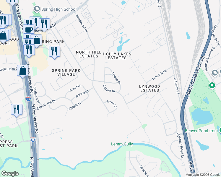 map of restaurants, bars, coffee shops, grocery stores, and more near 19011 Lockridge Drive in Spring