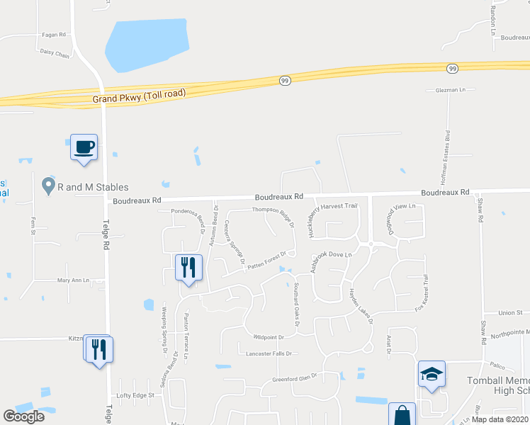 map of restaurants, bars, coffee shops, grocery stores, and more near 19019 Kimber Creek Lane in Cypress