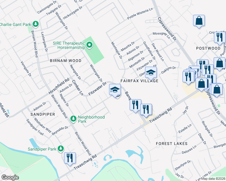 map of restaurants, bars, coffee shops, grocery stores, and more near 4647 Reynaldo Drive in Spring