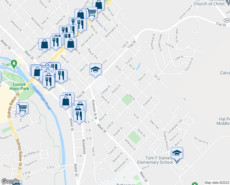 map of restaurants, bars, coffee shops, grocery stores, and more near 605 Gilmer Street in Kerrville