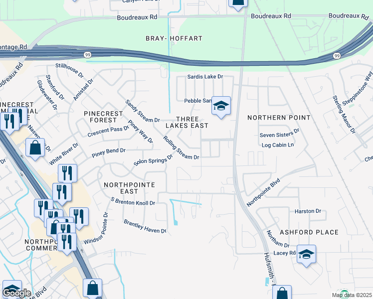 map of restaurants, bars, coffee shops, grocery stores, and more near 11802 Sunny Stream Drive in Tomball