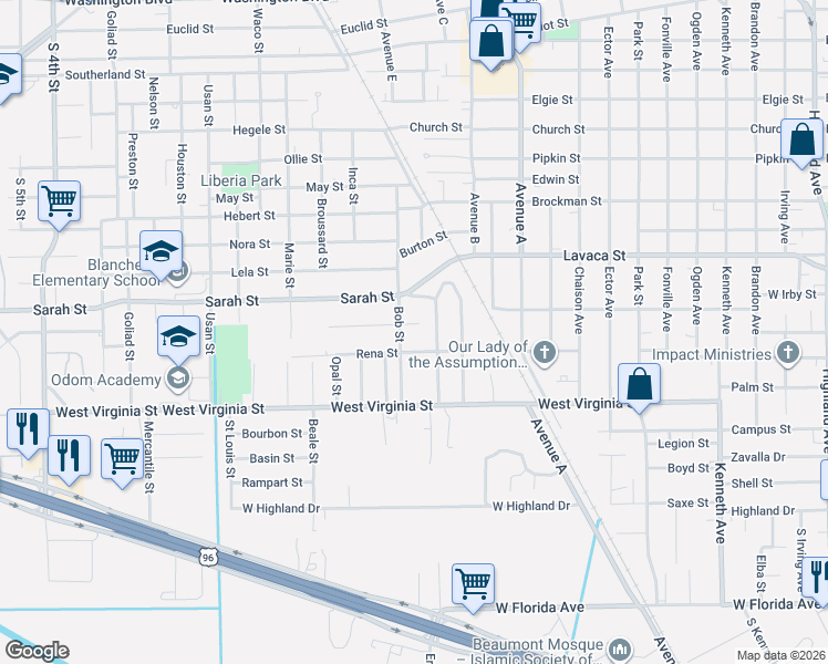 map of restaurants, bars, coffee shops, grocery stores, and more near 4260 Cadillac Lane in Beaumont