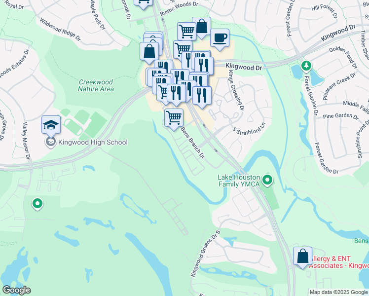 map of restaurants, bars, coffee shops, grocery stores, and more near 2727 Bens Branch Drive in Humble