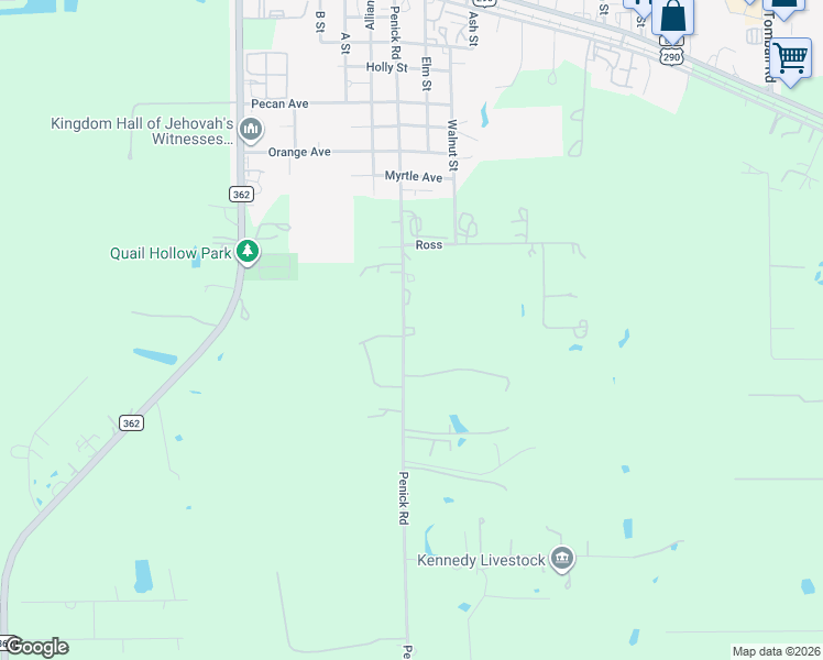 map of restaurants, bars, coffee shops, grocery stores, and more near 18622 Penick Road in Waller