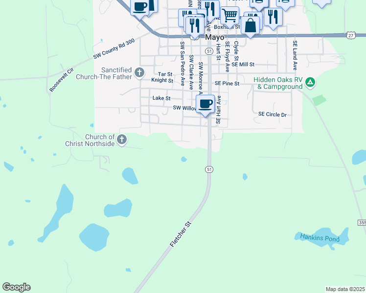 map of restaurants, bars, coffee shops, grocery stores, and more near 206 Southwest San Pedro Avenue in Mayo