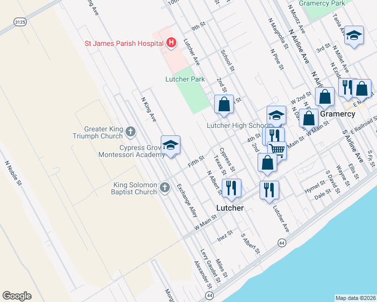 map of restaurants, bars, coffee shops, grocery stores, and more near 2455 North Albert Street in Lutcher