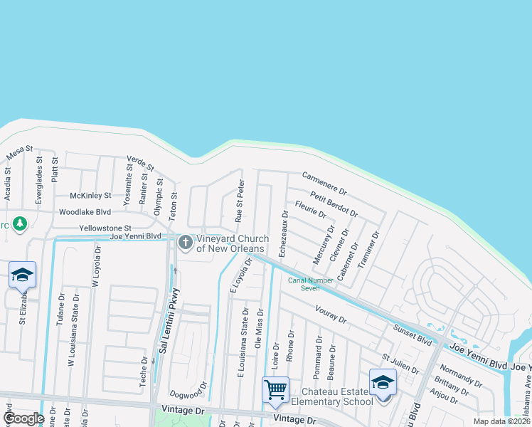 map of restaurants, bars, coffee shops, grocery stores, and more near 34 Moselle Drive in Kenner