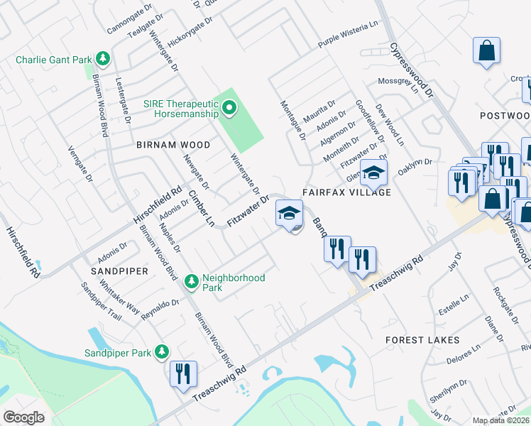 map of restaurants, bars, coffee shops, grocery stores, and more near 4618 Fitzwater Drive in Spring