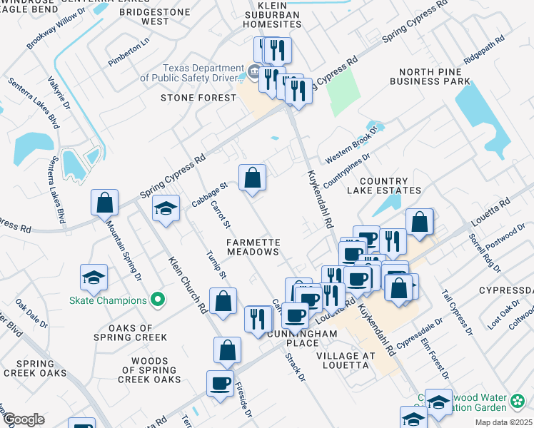 map of restaurants, bars, coffee shops, grocery stores, and more near 18812 Tomato Street in Spring