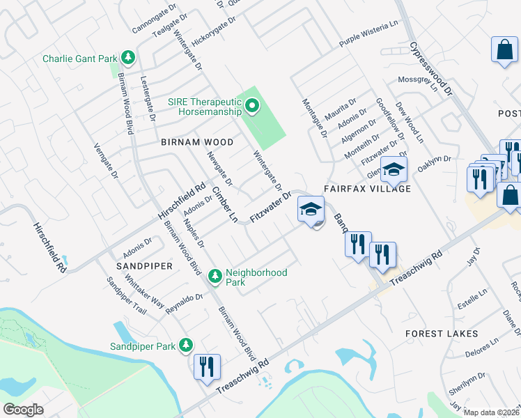 map of restaurants, bars, coffee shops, grocery stores, and more near 4526 Monteith Drive in Spring