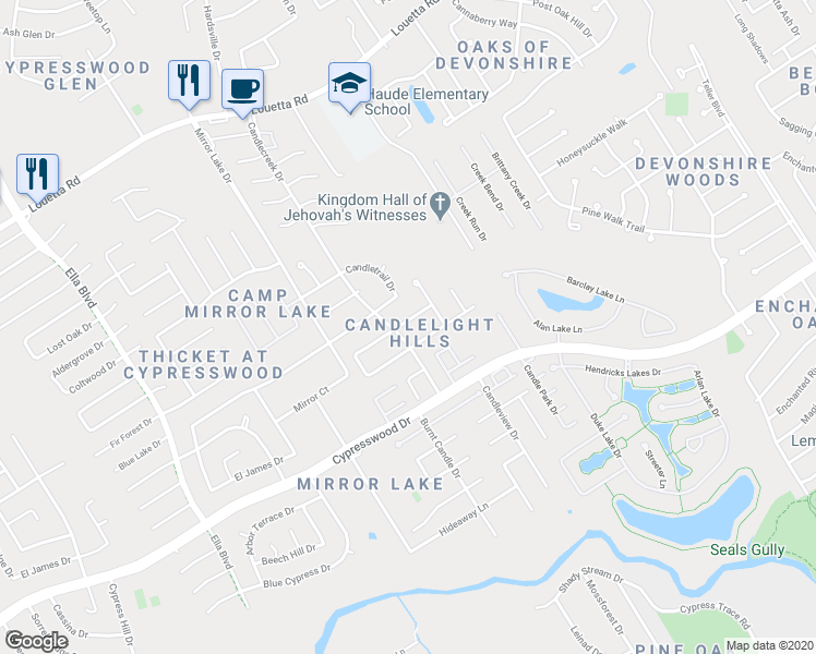 map of restaurants, bars, coffee shops, grocery stores, and more near 3319 Candleoak Drive in Spring