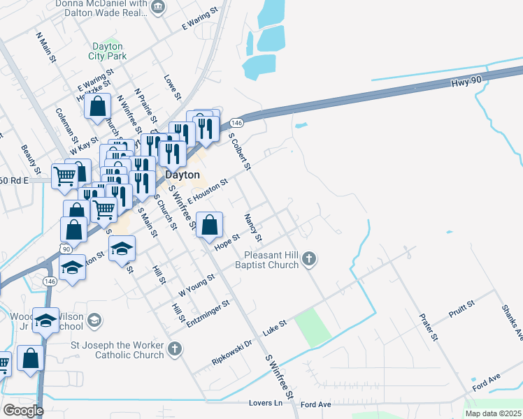 map of restaurants, bars, coffee shops, grocery stores, and more near 502 Lacour Street in Dayton