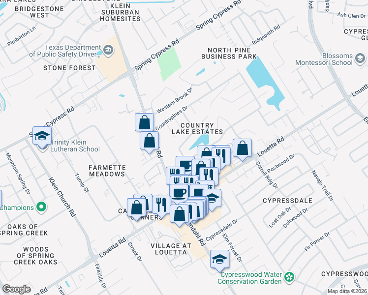 map of restaurants, bars, coffee shops, grocery stores, and more near 4634 Countrymeadows Drive in Spring
