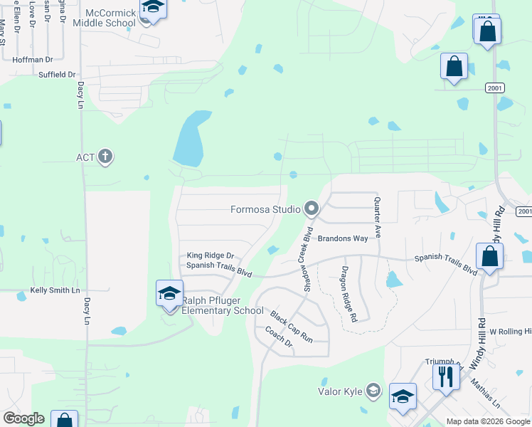 map of restaurants, bars, coffee shops, grocery stores, and more near 385 Wapiti Road in Buda