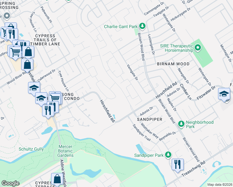 map of restaurants, bars, coffee shops, grocery stores, and more near 3515 Hirschfield Road in Spring