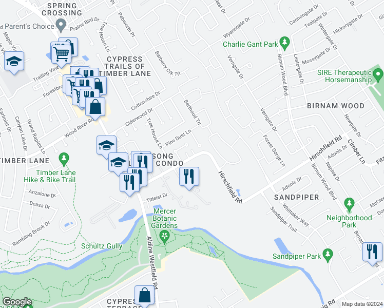 map of restaurants, bars, coffee shops, grocery stores, and more near 3217 Hirschfield Road in Spring