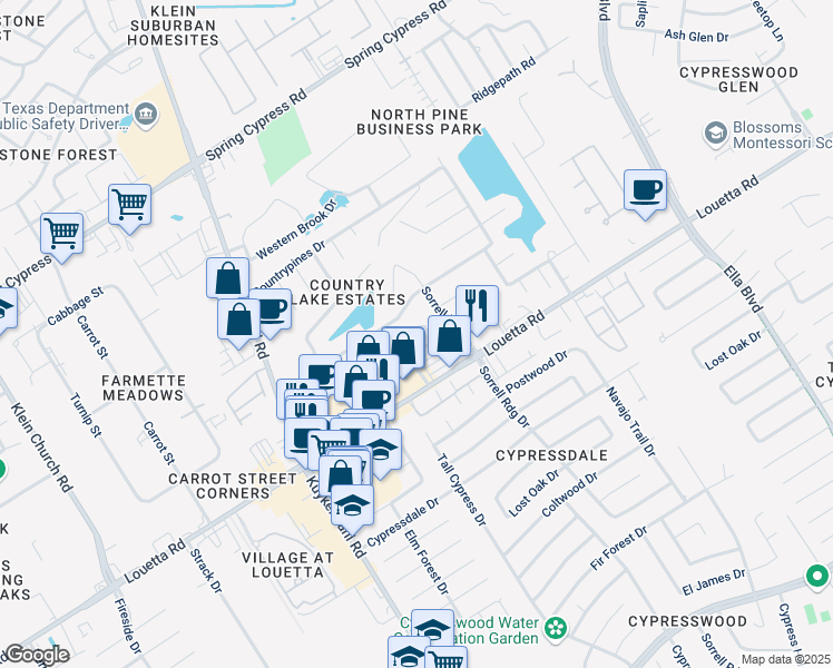 map of restaurants, bars, coffee shops, grocery stores, and more near 4506 Countryside View Court in Spring