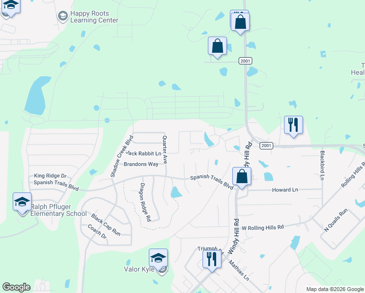map of restaurants, bars, coffee shops, grocery stores, and more near 458 Jack Rabbit Lane in Buda