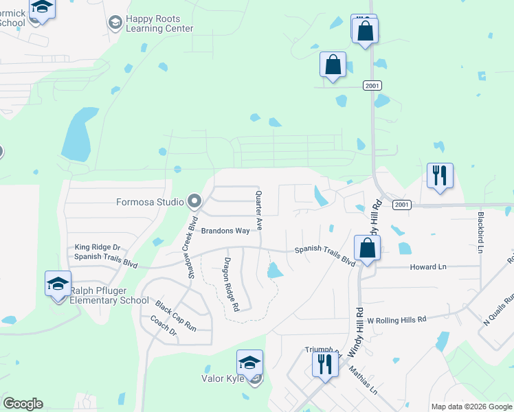map of restaurants, bars, coffee shops, grocery stores, and more near 327 Quarter Avenue in Buda