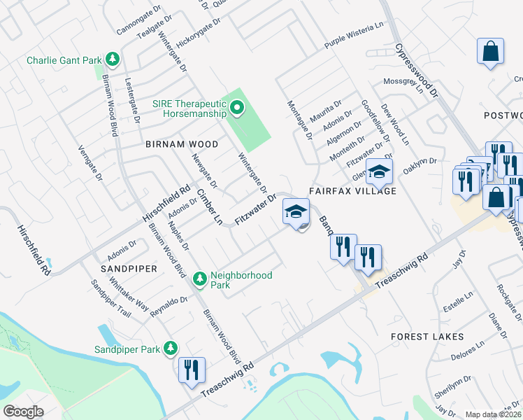 map of restaurants, bars, coffee shops, grocery stores, and more near 4618 Fitzwater Drive in Spring