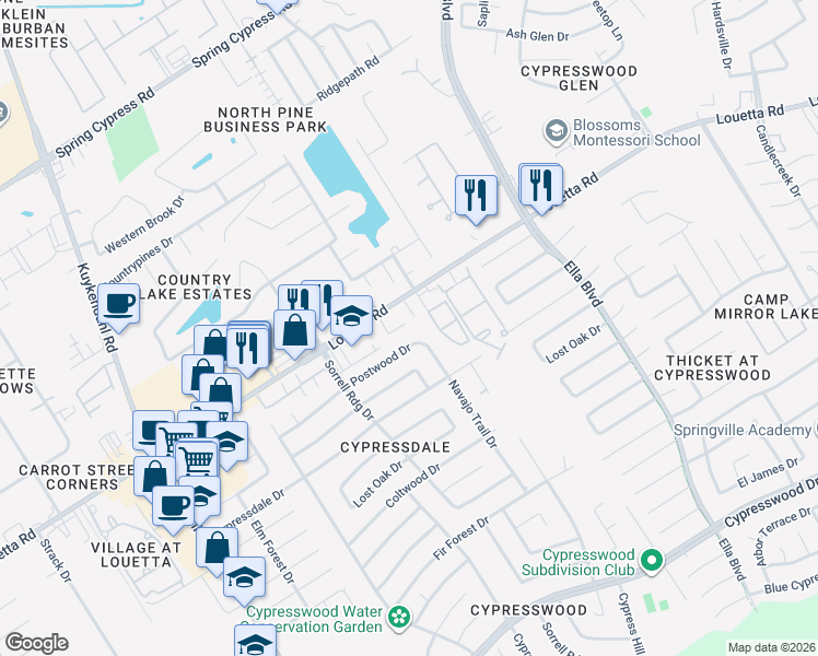 map of restaurants, bars, coffee shops, grocery stores, and more near 4209 Louetta Road in Spring