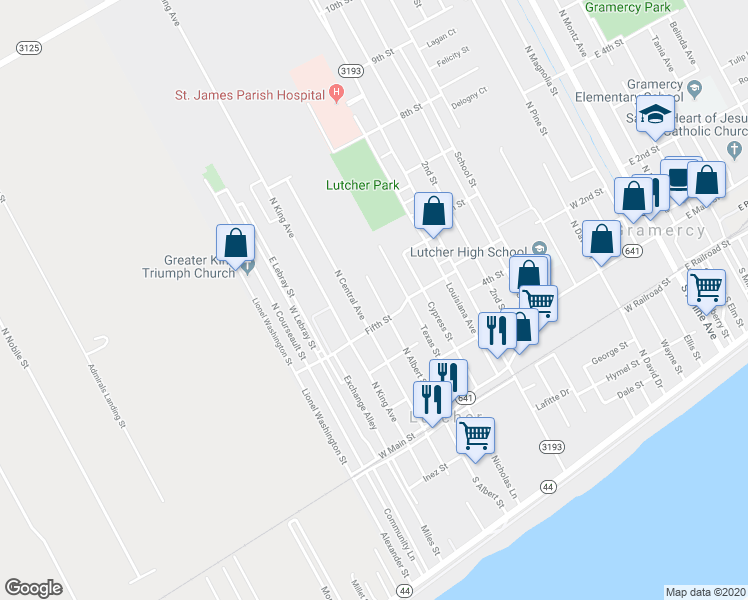 map of restaurants, bars, coffee shops, grocery stores, and more near 2455 North Albert Street in Lutcher