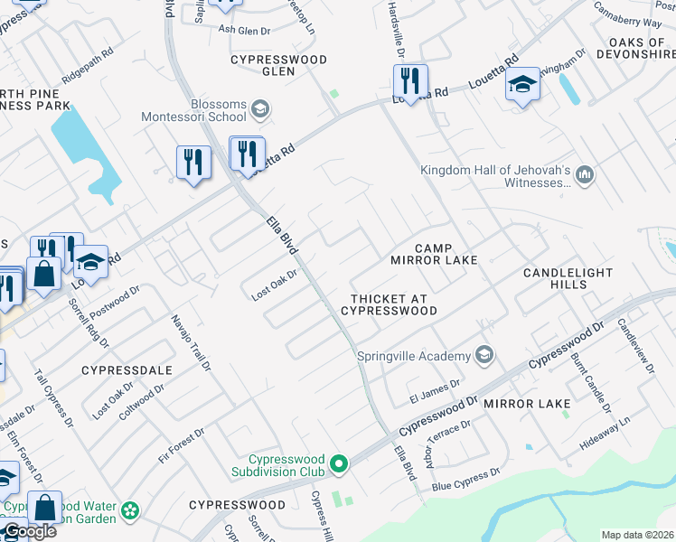 map of restaurants, bars, coffee shops, grocery stores, and more near 3431 Aldergrove Drive in Spring