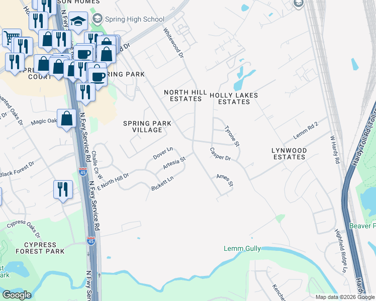 map of restaurants, bars, coffee shops, grocery stores, and more near 19103 Whitewood Drive in Spring