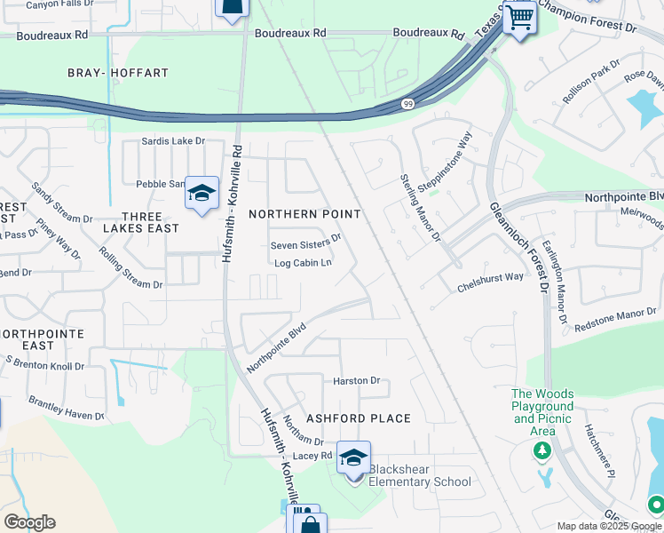 map of restaurants, bars, coffee shops, grocery stores, and more near 11243 Log Cabin Lane in Tomball