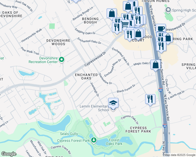 map of restaurants, bars, coffee shops, grocery stores, and more near 502 Enchanted River Drive in Spring