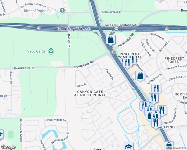 map of restaurants, bars, coffee shops, grocery stores, and more near 11722 Short Trail Lane in Tomball