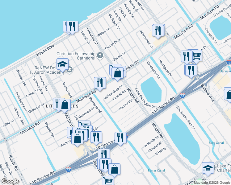 map of restaurants, bars, coffee shops, grocery stores, and more near 10910 Willow Brae Drive in New Orleans