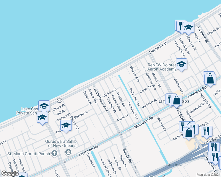 map of restaurants, bars, coffee shops, grocery stores, and more near 8001 Brevard Avenue in New Orleans