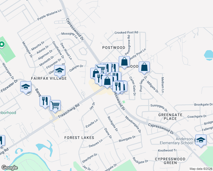 map of restaurants, bars, coffee shops, grocery stores, and more near 22811 Cypresswood Drive in Spring