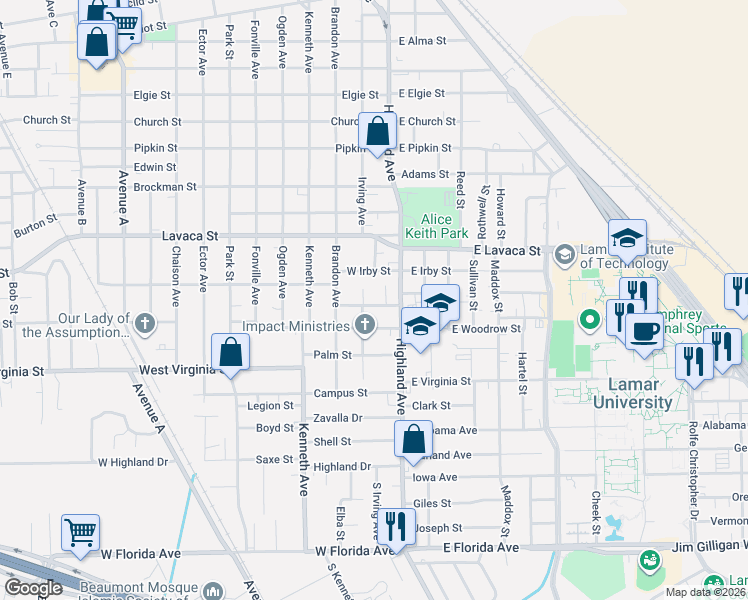 map of restaurants, bars, coffee shops, grocery stores, and more near 4290 Highland Avenue in Beaumont
