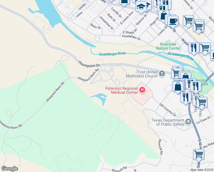 map of restaurants, bars, coffee shops, grocery stores, and more near Colorado Street South in Kerrville