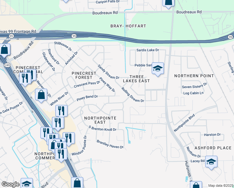 map of restaurants, bars, coffee shops, grocery stores, and more near 11818 Piney Bend Drive in Tomball