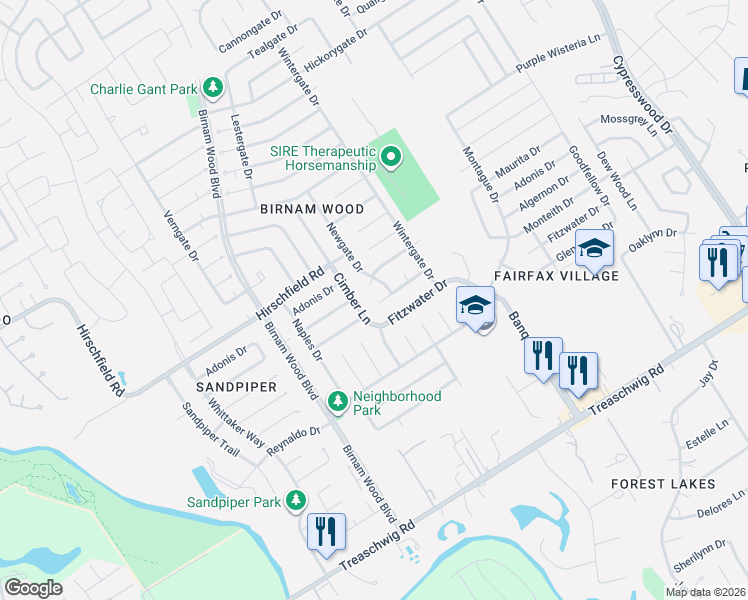 map of restaurants, bars, coffee shops, grocery stores, and more near 4503 Monteith Drive in Spring