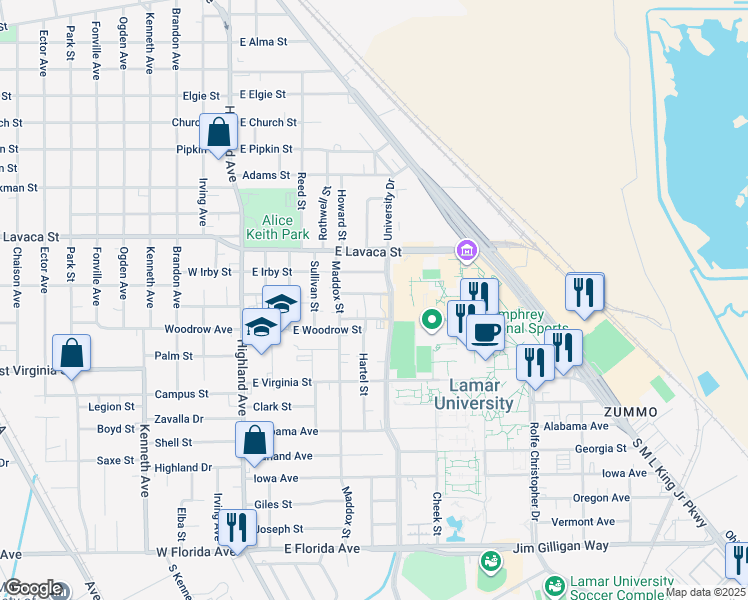map of restaurants, bars, coffee shops, grocery stores, and more near 722 East Caston Street in Beaumont