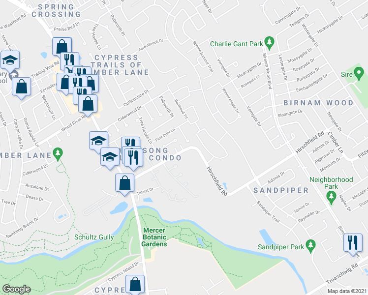 map of restaurants, bars, coffee shops, grocery stores, and more near 22603 Pebworth Place in Spring