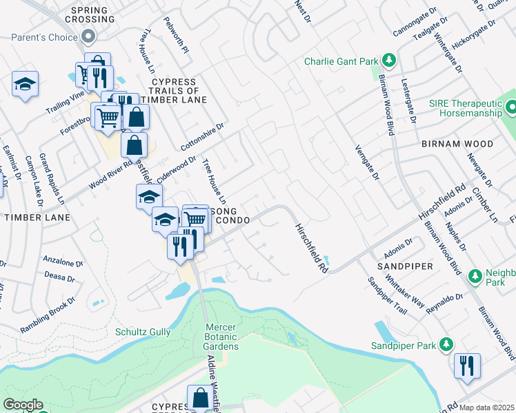 map of restaurants, bars, coffee shops, grocery stores, and more near 3217 Hirschfield Road in Spring