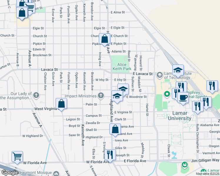map of restaurants, bars, coffee shops, grocery stores, and more near 4290 Highland Avenue in Beaumont