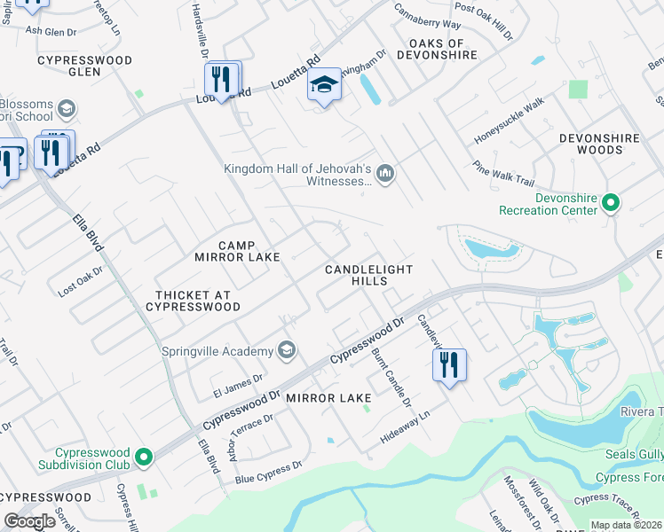 map of restaurants, bars, coffee shops, grocery stores, and more near 3403 Candleridge Drive in Spring